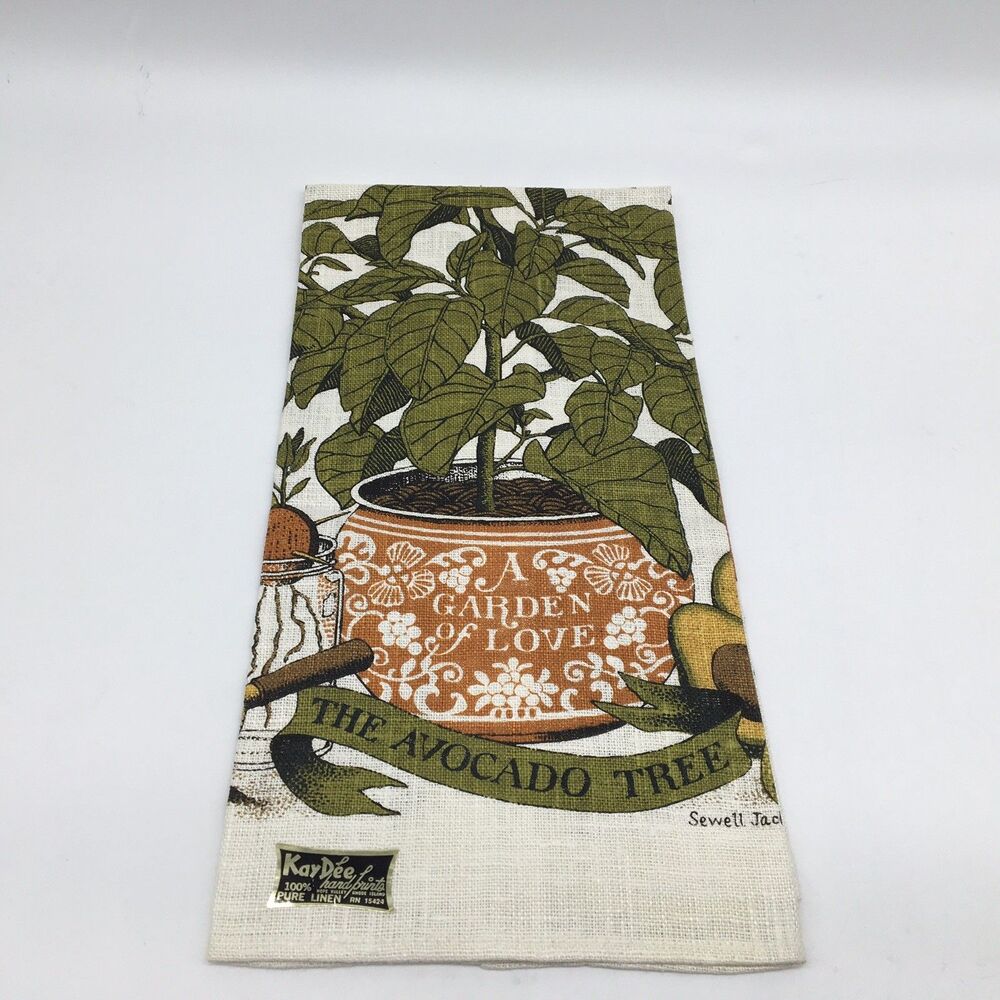 Vtg Kay Dee New Avocado Tree Kitchen Tea Towel Linen Hand Print Jackson Sewell